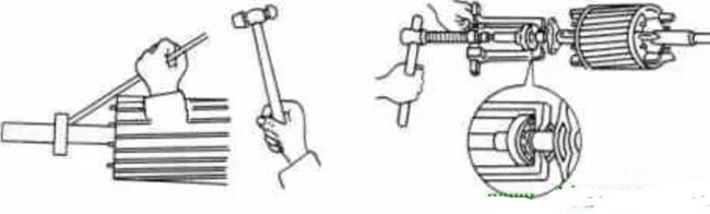 圖1-1-3使用拉拔器拆卸軸承。圖1-1-4取下軸承的絲錐